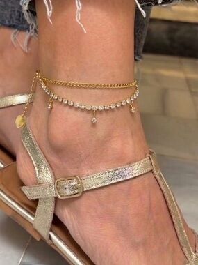 3/$40 Rhinestone Layered Anklet Double Chain 14K Gold Plated Water Resistant